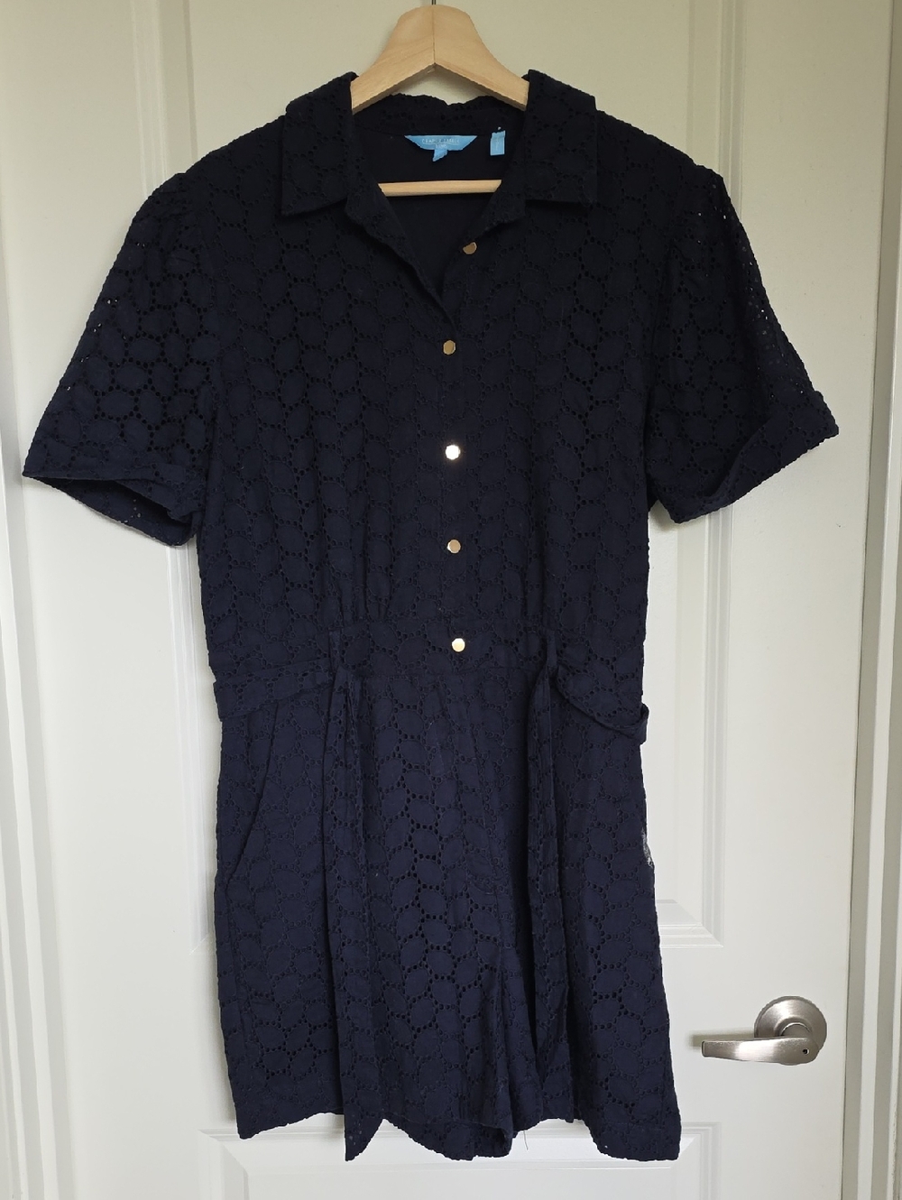 Draper James Navy Eyelet Button-Front Romper